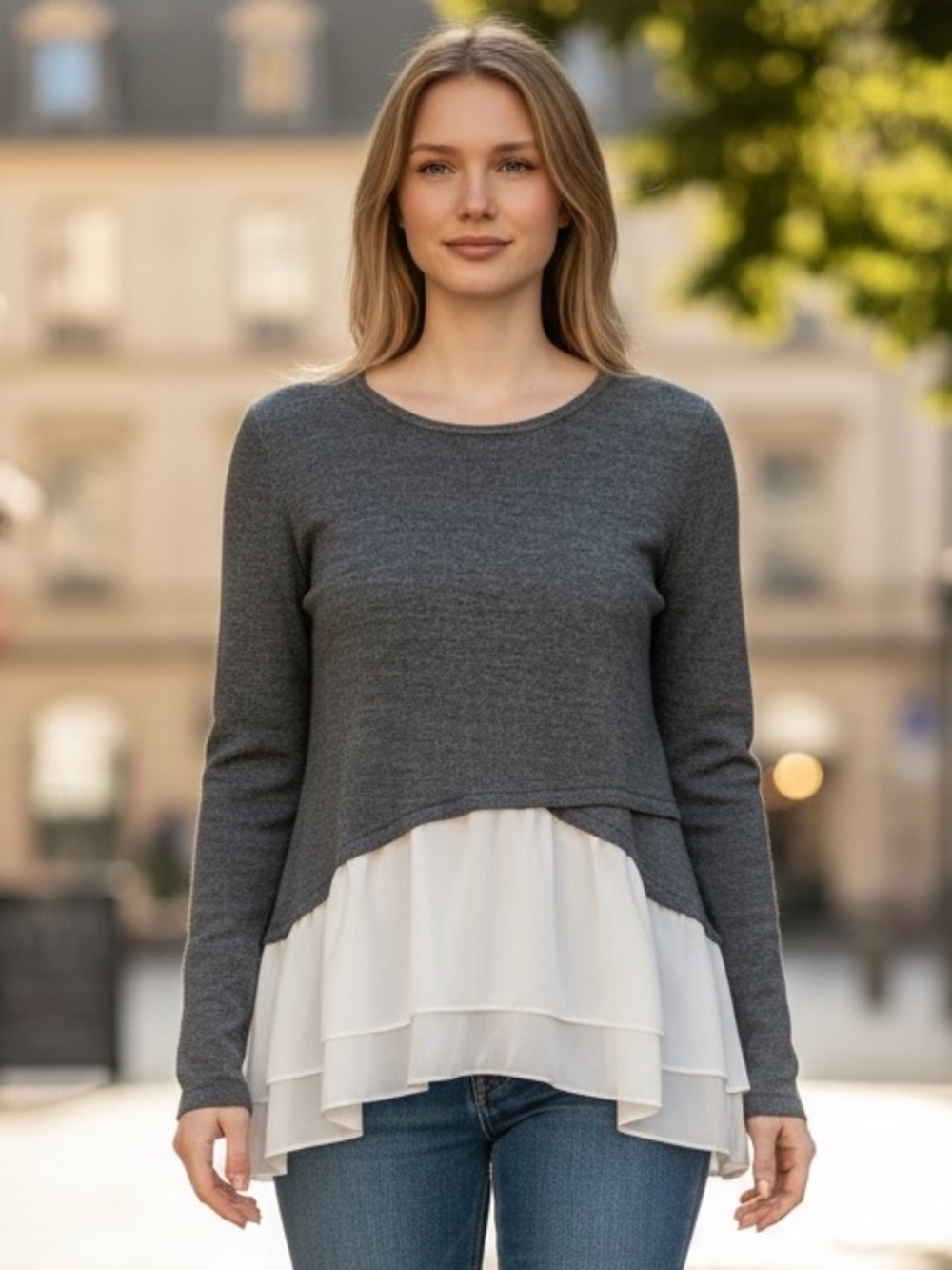 Ivanka Trump Gray Knit Top with White Layered Chiffon Hem